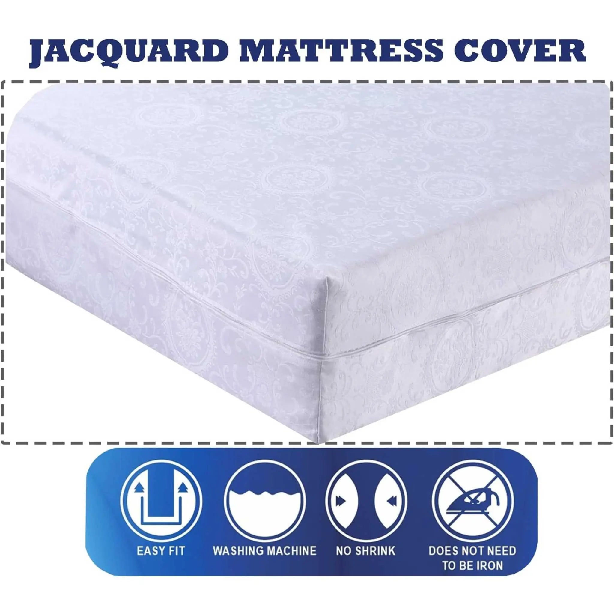 White Floral Jacquard Mattress Protector, Full Zipper Closure Cover, 360° Fully Fitted Encasement, Anti Allergy, Breathable, Anti Bed Bug & Dust Mite, Easy Care, Machine Washable (Super King) - Beach Stone