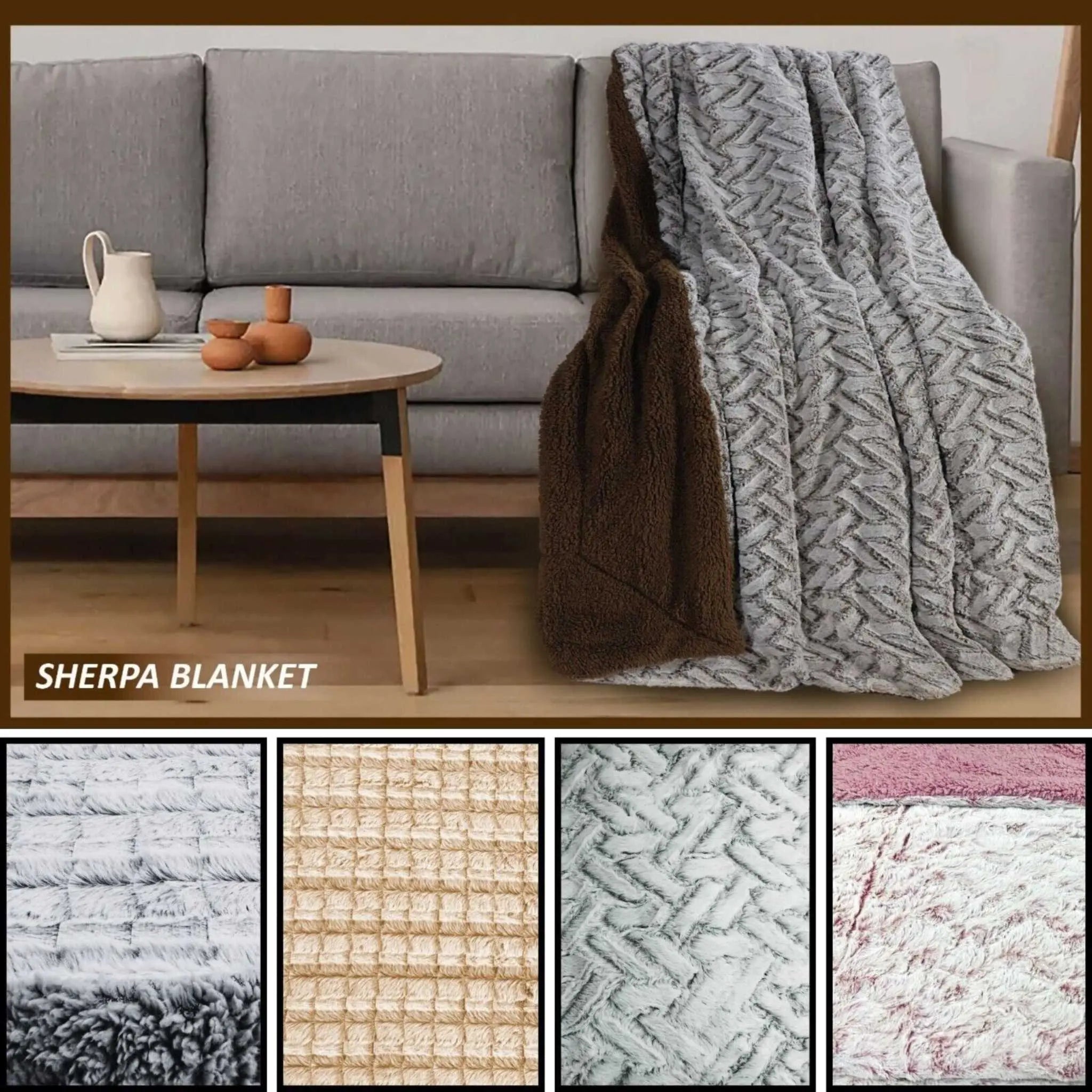 Large Sherpa Fleece Sofa Bed Blanket Faux Fur Throw - Beach Stone