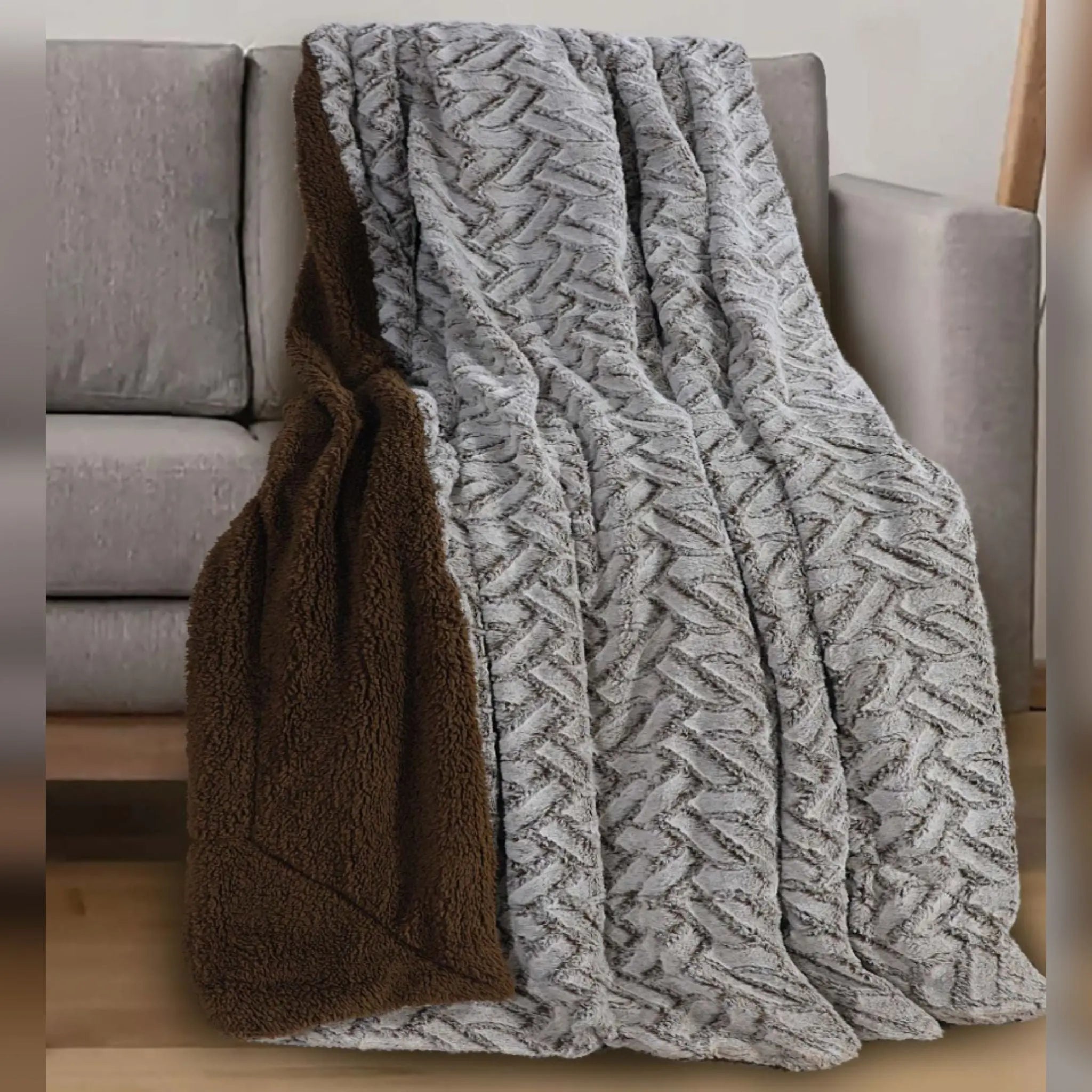 Large Sherpa Fleece Sofa Bed Blanket Faux Fur Throw - Beach Stone