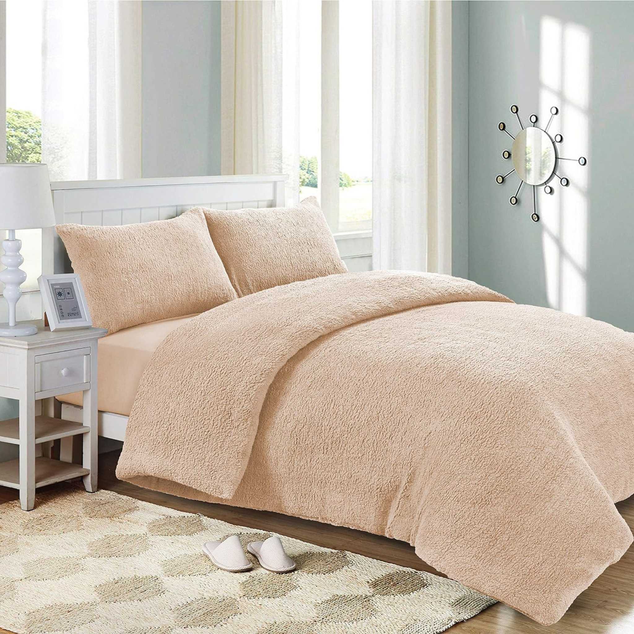 Teddy Fleece Duvet Cover Warm and Cosy Bedding Sets Quilt Bedding Set with Pillow Case Thermal Warm Cosy Super Soft - Single - Double - King (Blush, Double) - Beach Stone