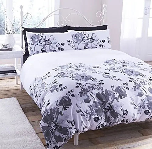 GARDEN FLOWERS FLORAL GREY DUVET SET 3 SIZES - Beach Stone