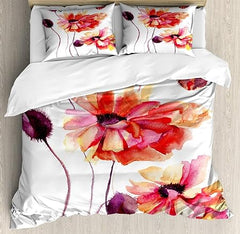 Duvet Cover Set, Watercolor Painting Poppy Flowers and Buds Spring Nature Design, Decorative 3 Piece Bedding Set with 2 Pillow Shams, Queen Size, Peach Scarlet