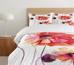 Duvet Cover Set, Watercolor Painting Poppy Flowers and Buds Spring Nature Design, Decorative 3 Piece Bedding Set with 2 Pillow Shams, Queen Size, Peach Scarlet