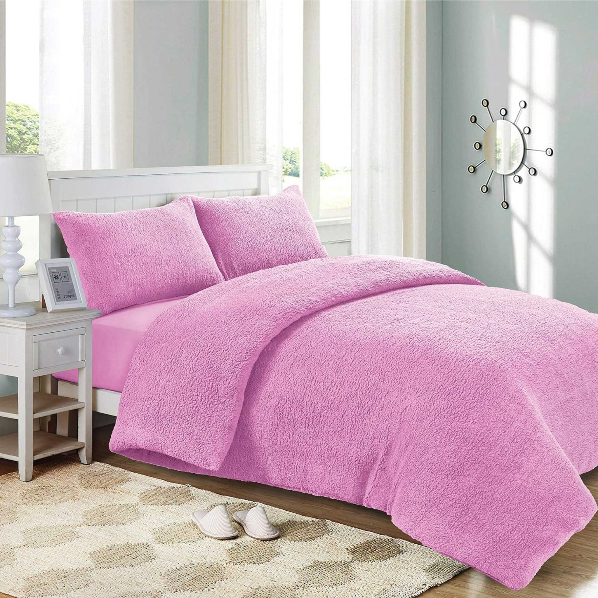 Teddy Fleece Duvet Cover Warm and Cosy Bedding Sets Quilt Bedding Set with Pillow Case Thermal Warm Cosy Super Soft - Single - Double - King (Blush, Double) - Beach Stone