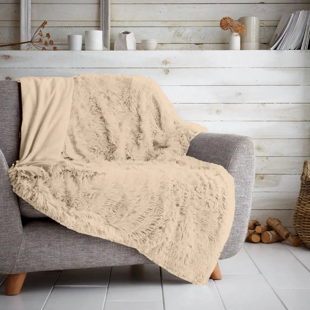 Luxury Hug & Snug Fluffy Fur Teddy Cuddles Throw Blanket Sofa Bed Warm & Cosy - Beach Stone