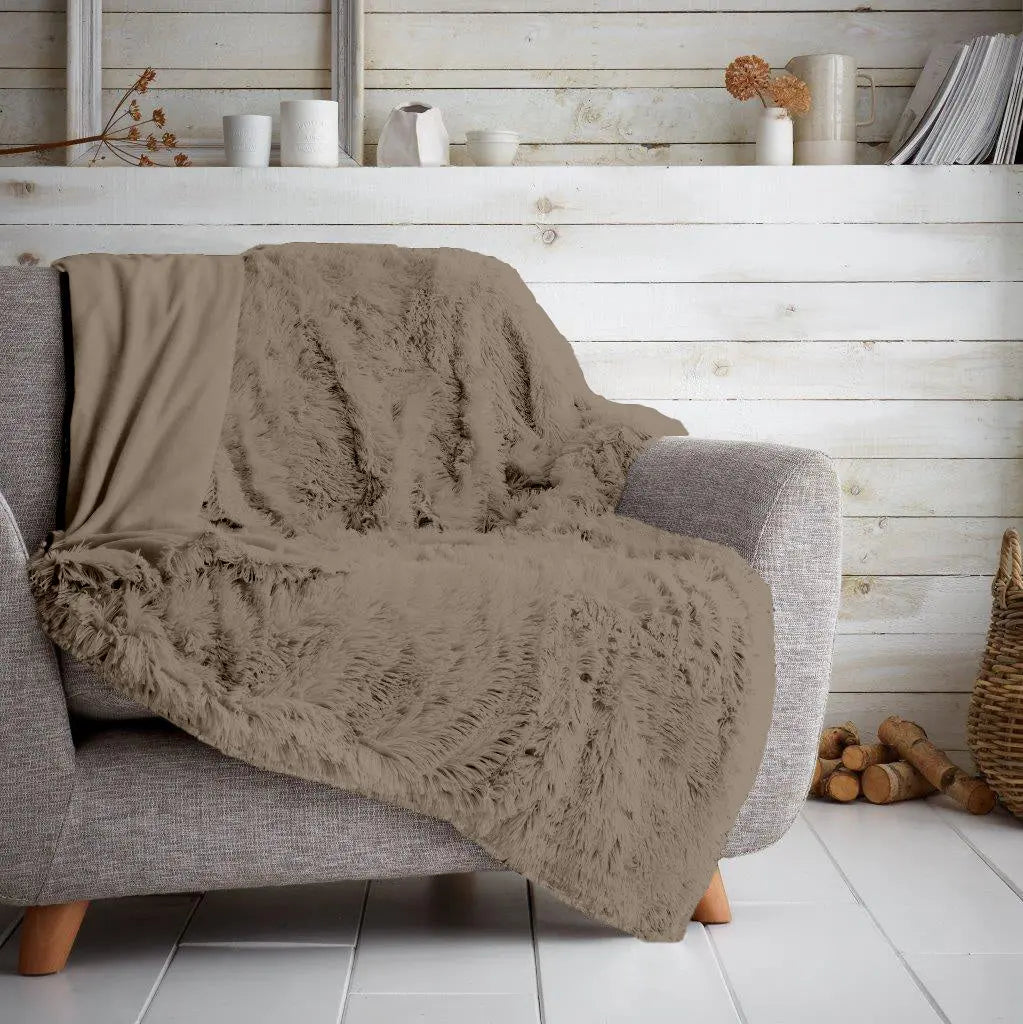 Luxury Hug & Snug Fluffy Fur Teddy Cuddles Throw Blanket Sofa Bed Warm & Cosy - Beach Stone