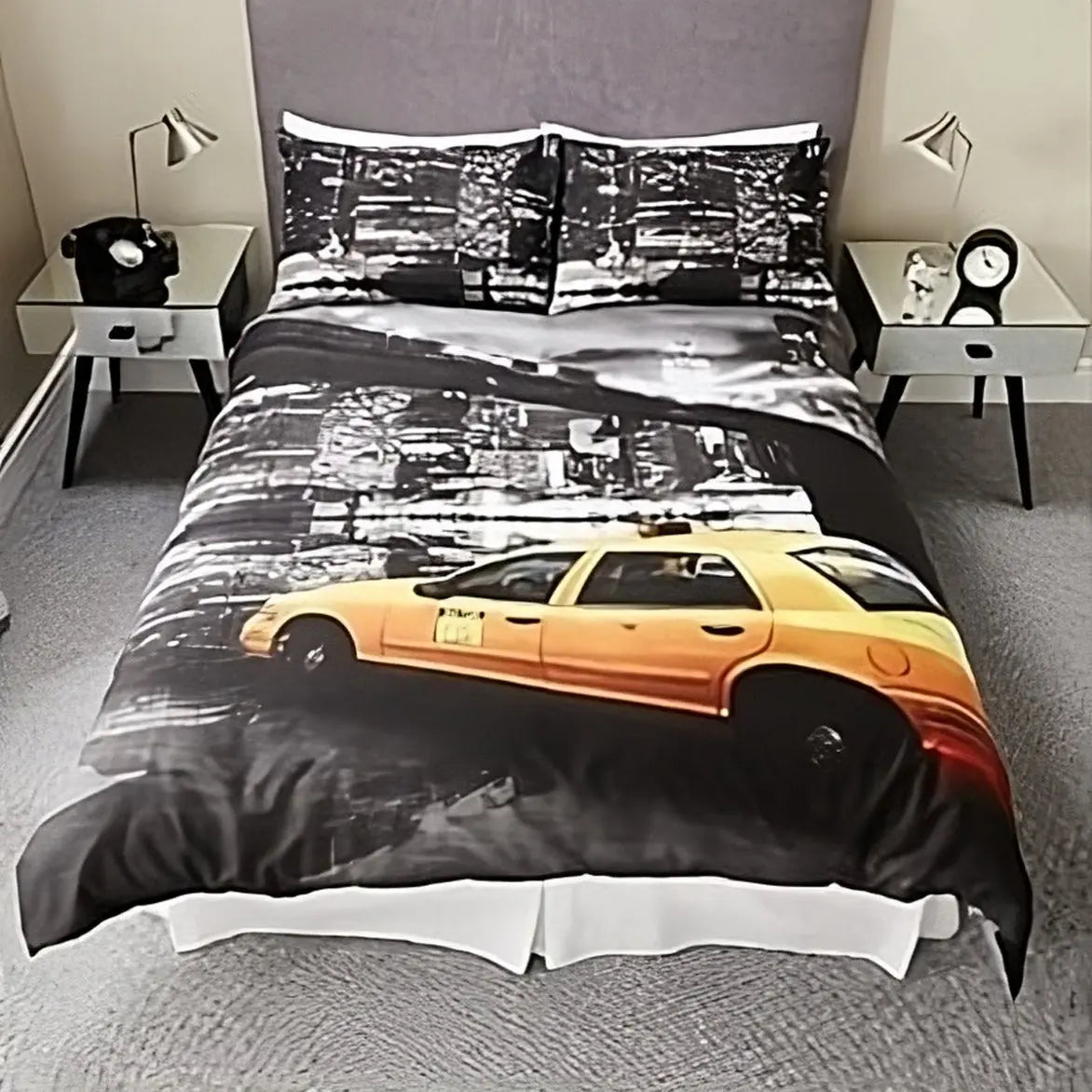 Bedding Sets Duvet Cover Set,Yellow Taxi in Street View Of NYC New York City,3-Piece Cover Set Microfibre Duvet Cover 53 x 79 in with 2 Pillowcase 30 x 20 in - Beach Stone